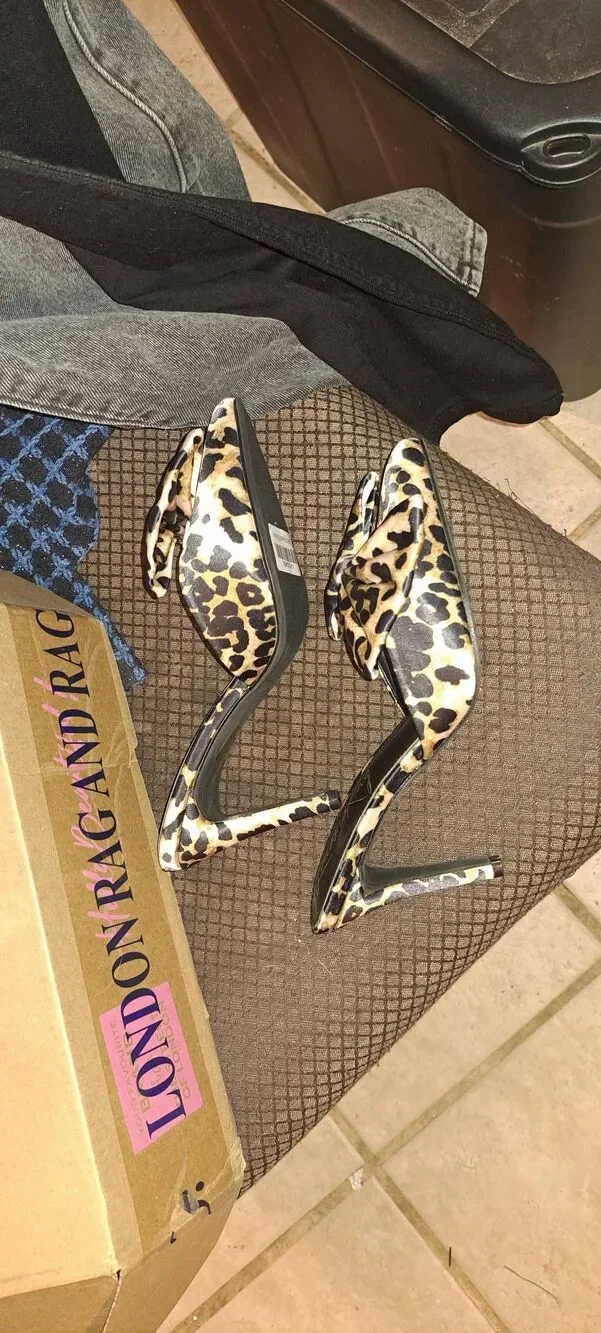 London Rag Joelle Leopard Bow Pointed Toe Stiletto Mule Heels Size 8